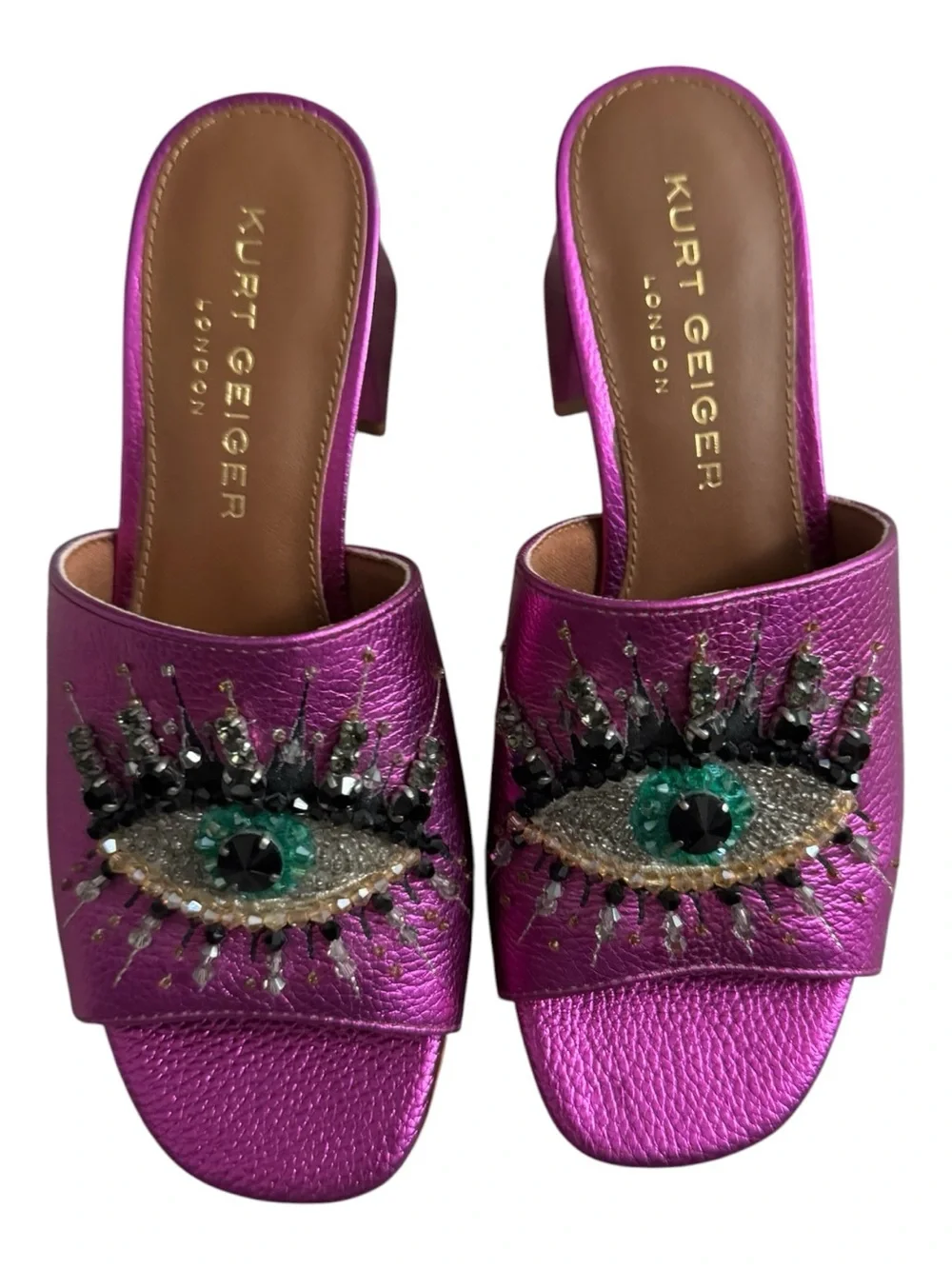 These are Kurt Geiger London "Olive Eye" purple metallic flat mule sandals - Picture 2 of 5
